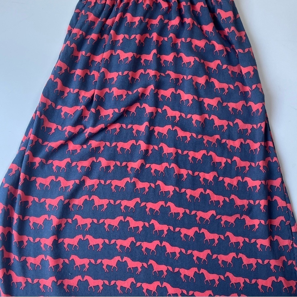 Anorak Horse Print Jersey Midi Dress Blue Pink Size 6 Pockets Elastic Waist - Picture 4 of 11